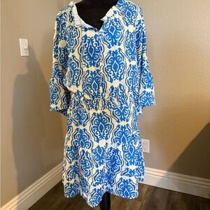 Blue and White Sundress with 3/4 Bell Sleeves and V-neck